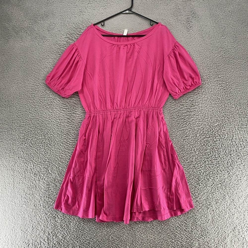 Daily Practice Dress Womens Large Hot Pink Puff Sleeve Scoop Neck Fit Flare Mini